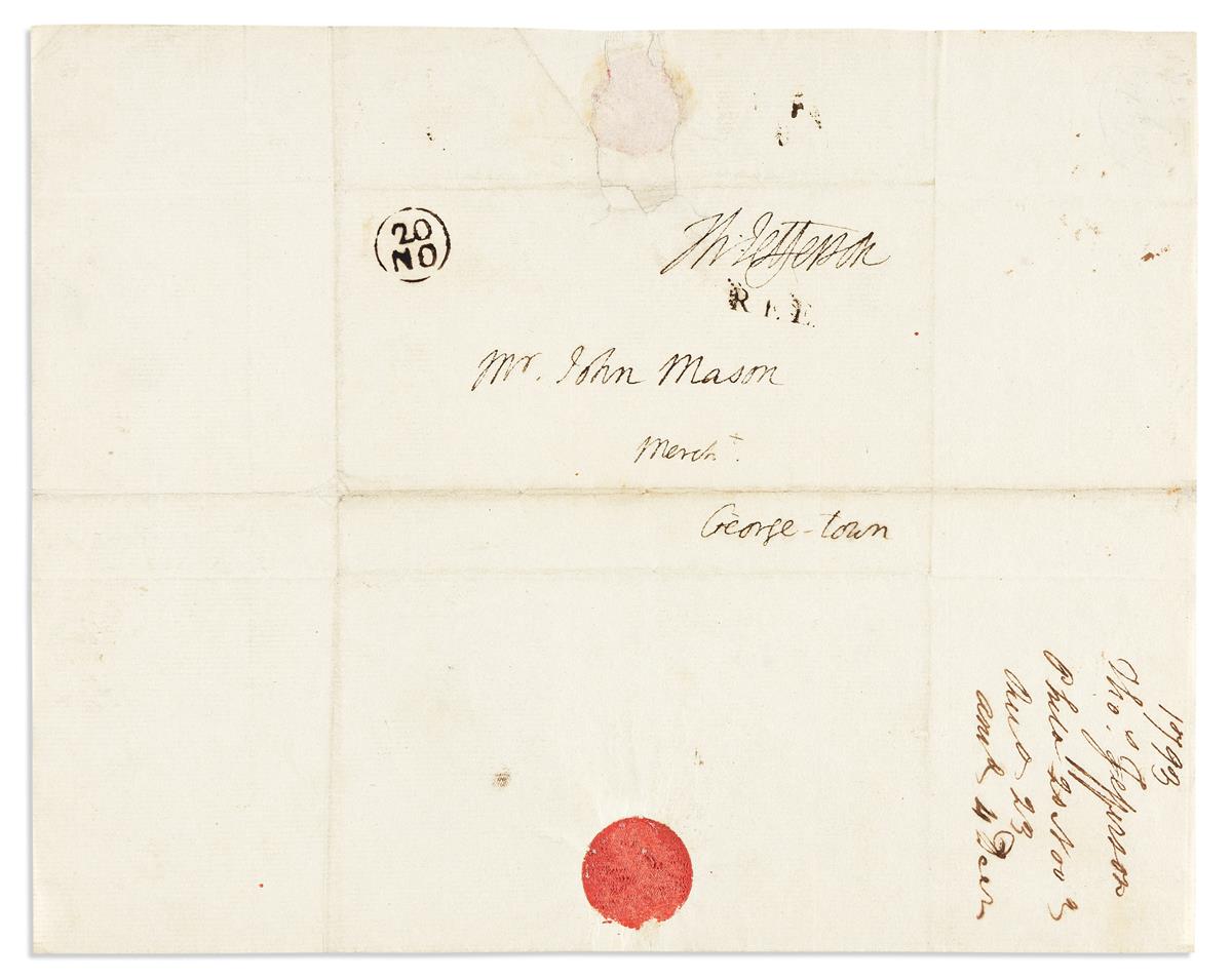 JEFFERSON, THOMAS. Franking Signature, Th:Jefferson, as Secretary of State, on an address leaf